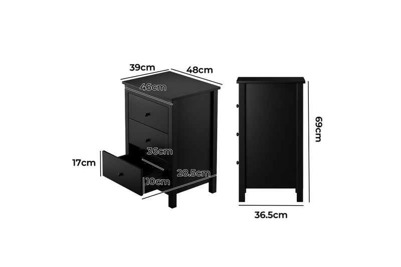 Oikiture Bedside Table Side Table 3 Drawers Black