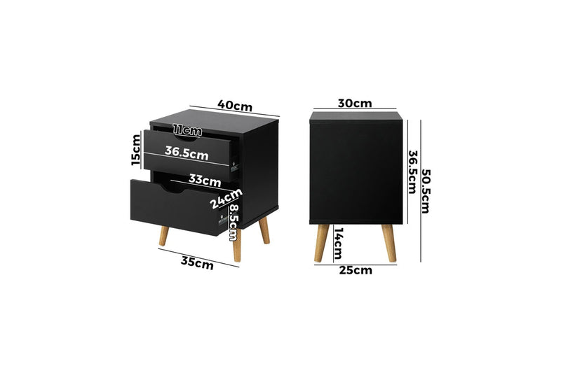 Oikiture Bedside Tables 2 Drawers Side Table Black