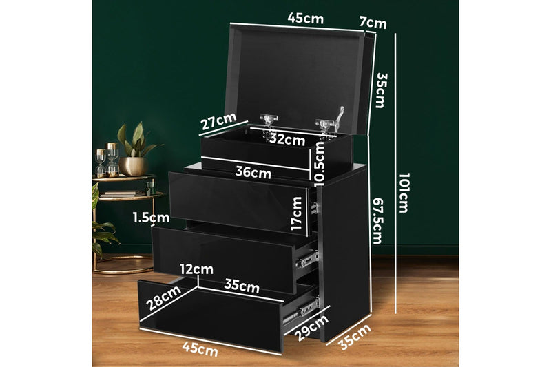 Oikiture Bedside Table 3 Drawers RGB LED Black