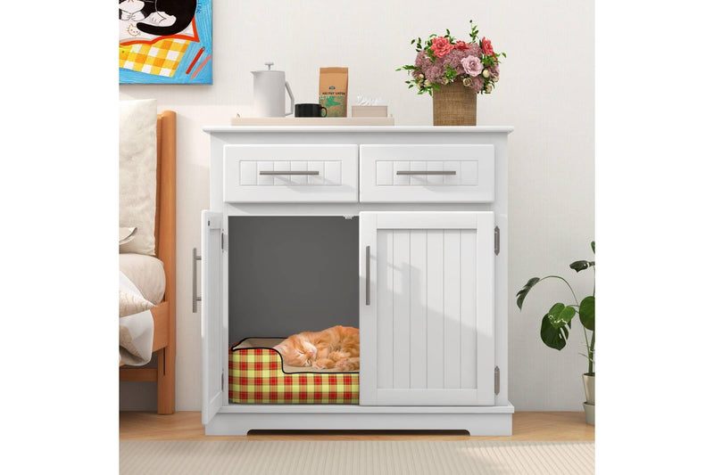 Costway Cat Litter Storage Cabinet Box Enclosure Double Door Cat House Pet House Crate Cabinet White