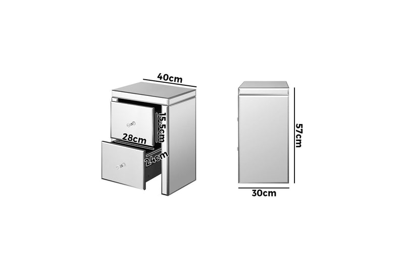 Oikiture Bedside Table Mirrored Glass Nightstand Silver