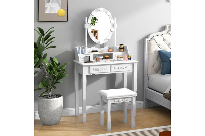 Costway Dressing Table Vanity Stool Set Makeup Table Dresser Jewellery Cabinet Mirror 4 Drawers Xmas Gift, White