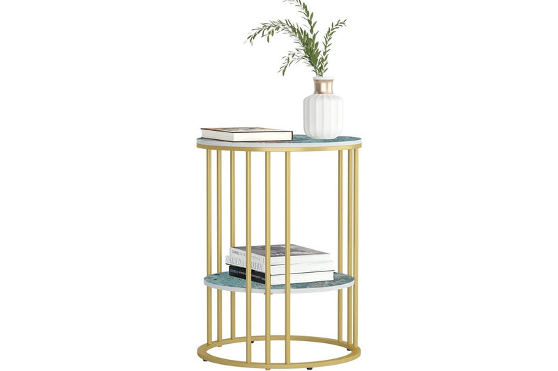 Marble Top Round Side Table - 2 Tier Bedside with Gold Legs