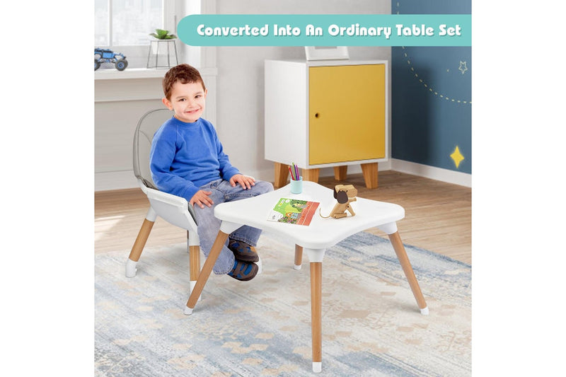 Costway 5 In 1 High Chair Convertible Eating Feeding Chair Booster Seat Wood Table Chair w/Adjustable Tray & PU Cushion, Grey