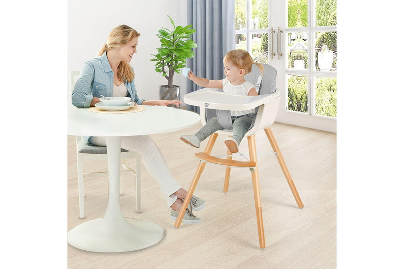 Costway 3-In-1 High Chair Feeding Chair Wood Eating Dining Chair Adjustable Tray & Footrest Grey