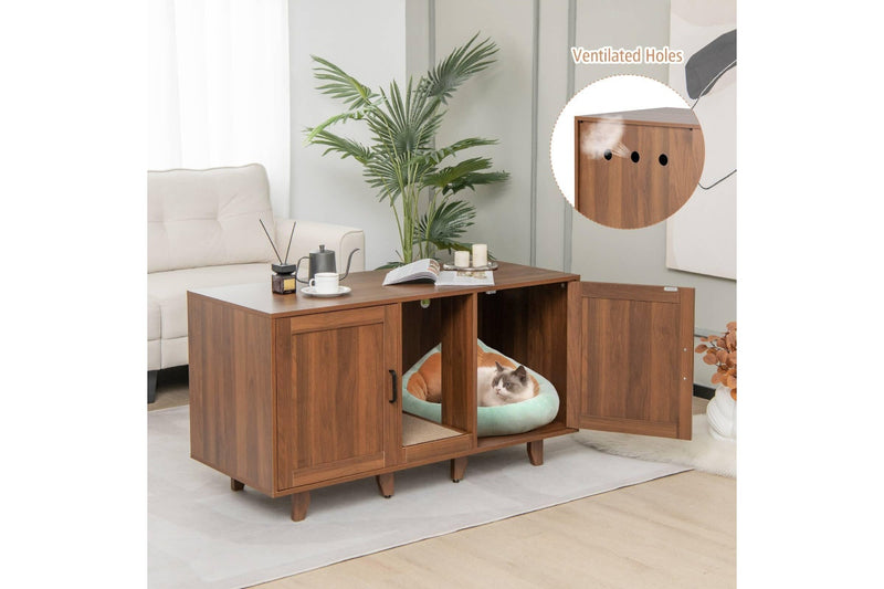 Costway Wooden Cat Litter Storage Cabinet Double Door Cat House w/Scratch Pad Coffee