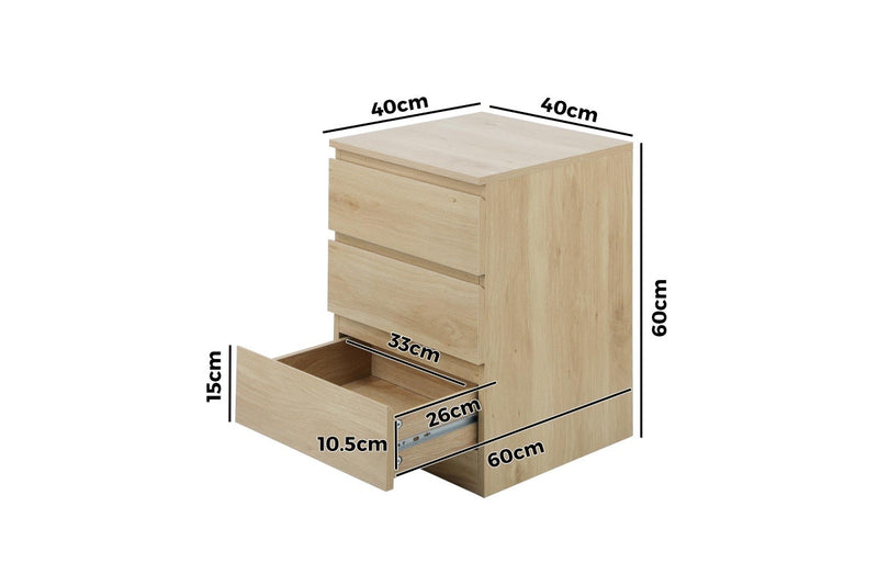 Oikiture Bedside Table 3 Drawers Natural