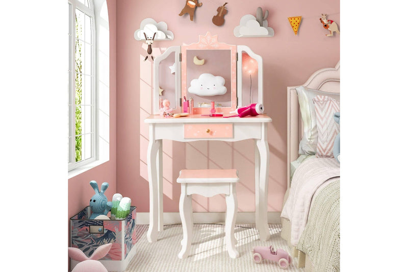 Costway Tri-Folding Mirror Vanity Table Writing Desk Durable Bedroom Furniture Pink