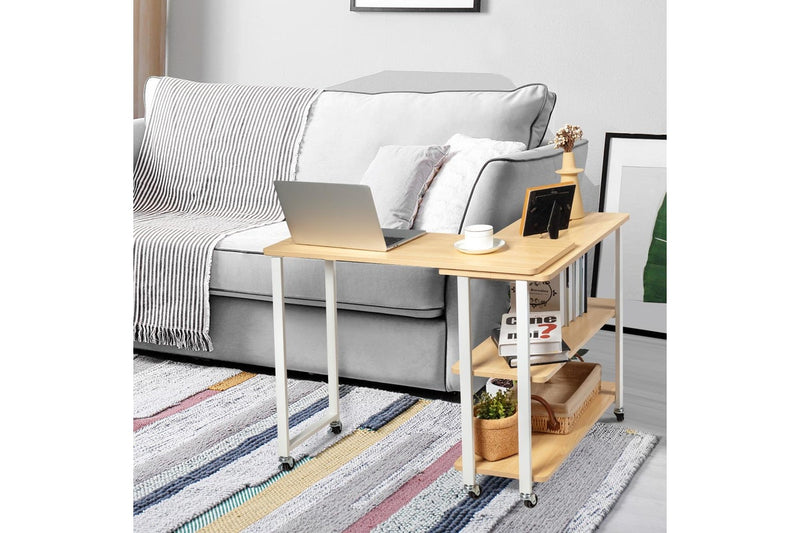 Giantex Mobile L-Shaped Side Table 360° Rotating Corner Desk w/2-Tier Storage Shelf Wood End Table Home Office Walnut