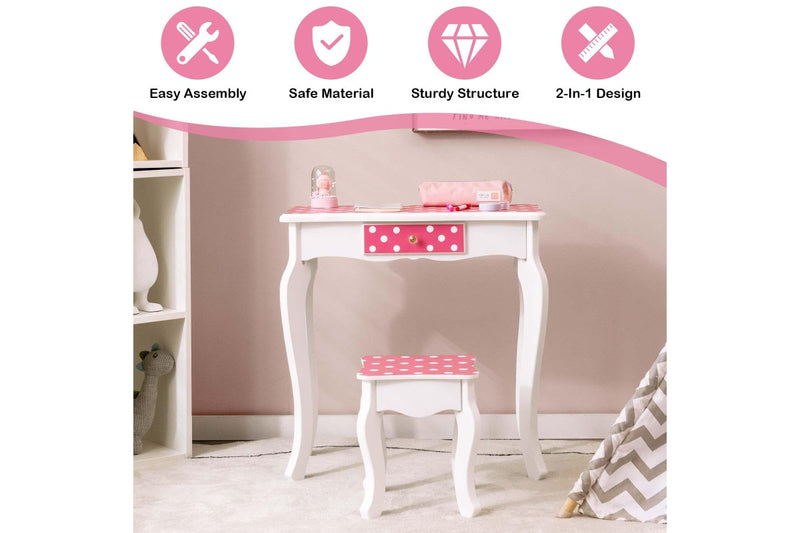Costway Vanity Table & Chair Set Dressing Table Pretend Play Makeup Table Furniture Pink