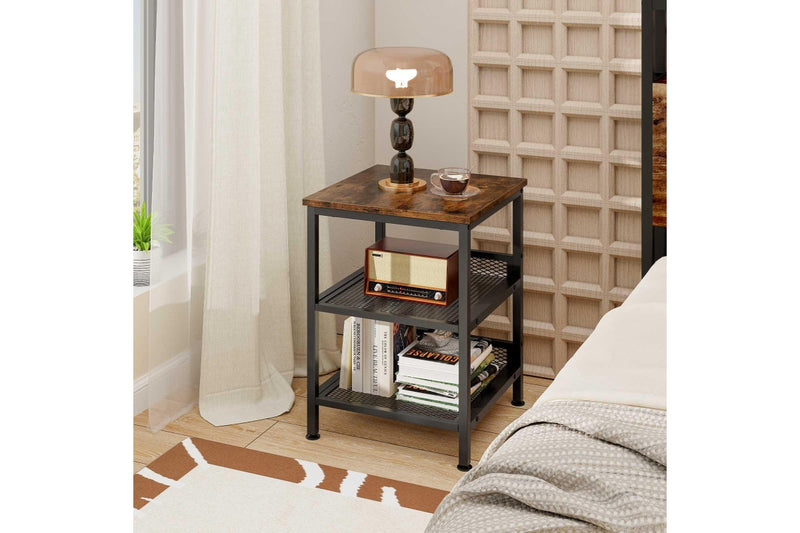 Giantex 3-Tier Sofa Side Table Industrial Nightstand Square End Table w/Storage Shelves Rustic Brown