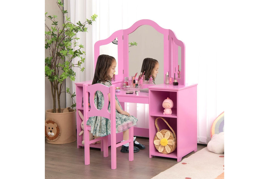 Giantex 2-in-1 Kids Vanity Table and Chair Set Makeup Dressing Table w/Mirror Children Study Writing Desk Pink