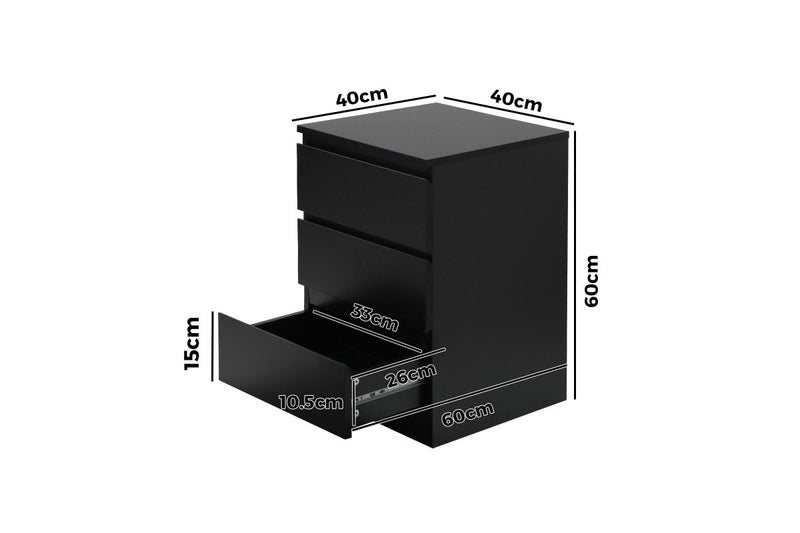 Oikiture Bedside Table 3 Drawers Black