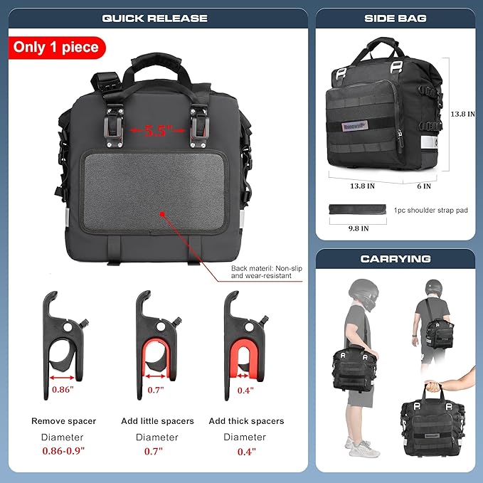 Rhinowalk Motorcycle Saddlebag Motor Luggage Pack Quick Release Motorbike Side Bag 20L Fits Most Adventure and Sports Bike Motorcycle Racks (Black, 1 Pack)