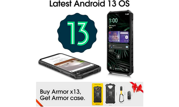 Rugged Phones, Ulefone Armor X13 (12+64GB), 50MP Rear Camera, 24MP Night Vision Camera, Android 13 OS Rugged Smartphone, 6.52 Screen, 6320mAh, NFC, GPS, Package with Exclusive Armor Case- Black - Layaway AU