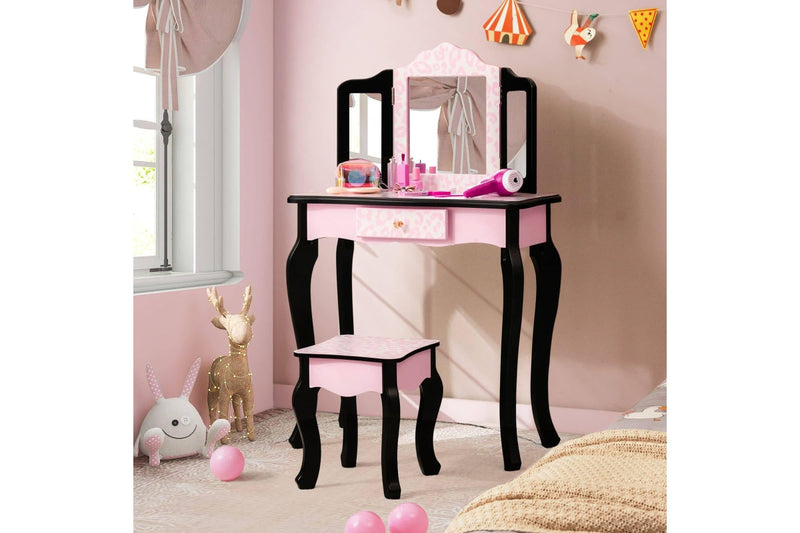 Costway Bedroom Dresser Vanity Table Stool Set w/ Tri-Folding Mirror Bedroom Furniture Pink