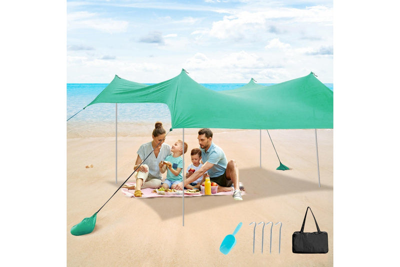 Costway Beach Sunshade Canopy UPF50+ Family Shelter Shade 3-4 Adults w/4 Poles Sandbags Peg Stakes Turquoise