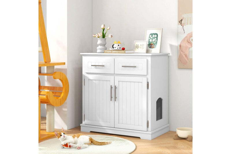 Costway Cat Litter Storage Cabinet Box Enclosure Double Door Cat House Pet House Crate Cabinet White