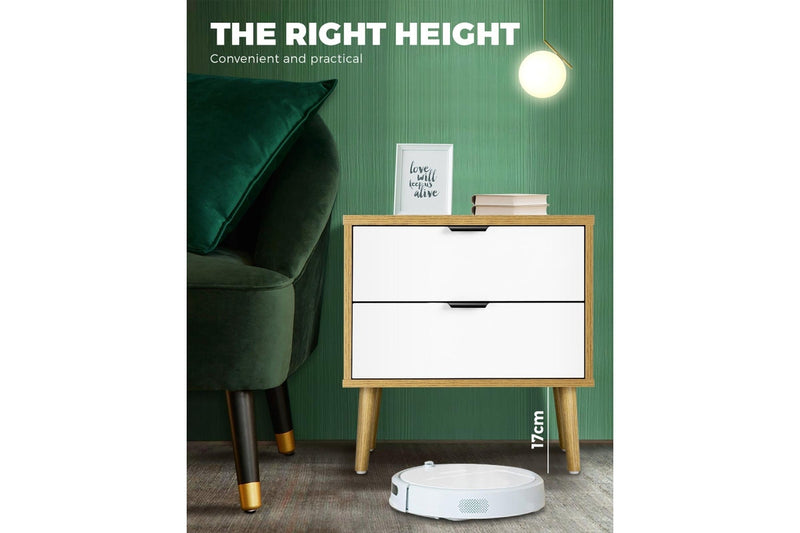 Oikiture Bedside Table 2 Drawers Oak/White