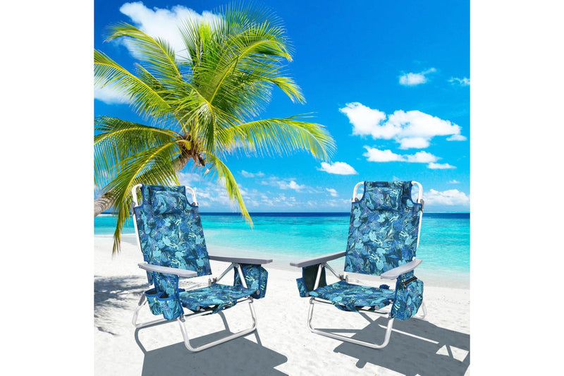 Costway 2x Folding Reclining Beach Chairs Camping Arm Chairs Outdoor Fishing Picnic w/ 5-Position Backrest & Head Pillow