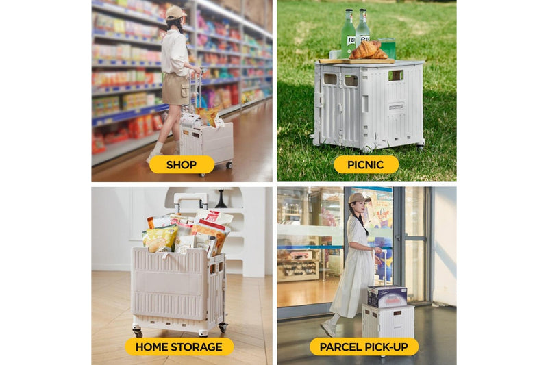 Viviendo Folding Shopping Trolley Portable Grocery Cart Rolling Wheel with Sliding Cover - White