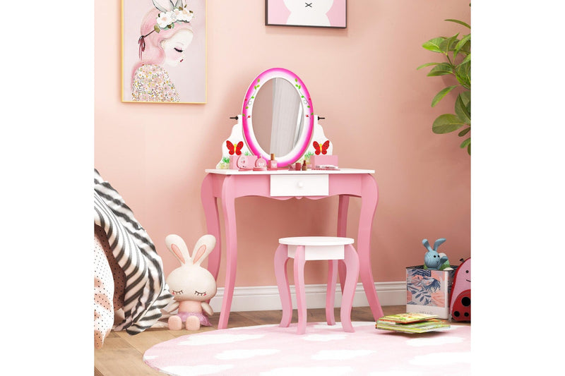 Giantex 2-in-1 Kids Vanity Table Stool Set Rotatable Mirror Makeup Table Princess Dressing Table w/Whiteboard & 4 Markers & Drawer