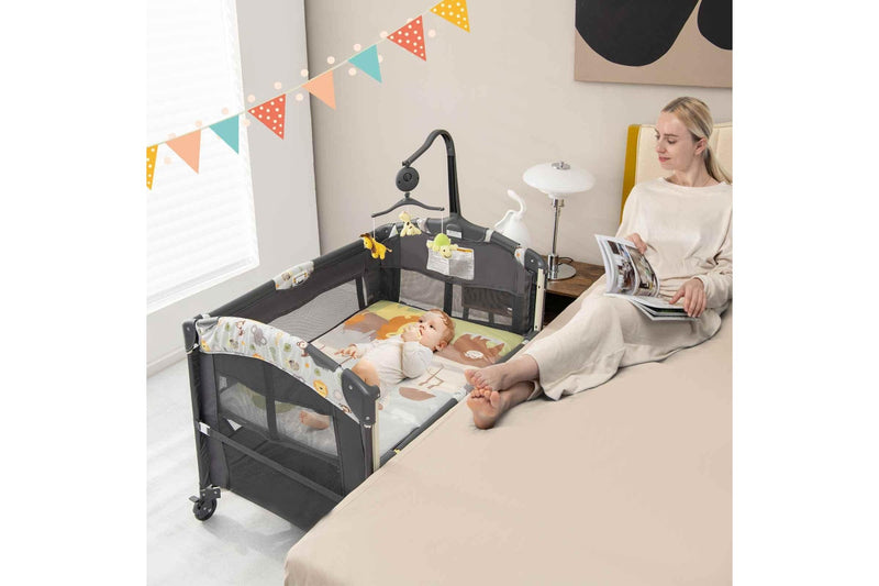 Costway 4-IN-1 Portable Travel Cot Portacot kid Co Sleeper Bedside Bassinet Playpen Cradle Adjustable Height w/Mattress &Toy Rack