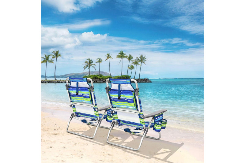Costway 2 X Folding Reclining Beach Chairs Outdoor Camping Arm Chairs Fishing Panic w/ 5-Position Backrest & Head Pillow