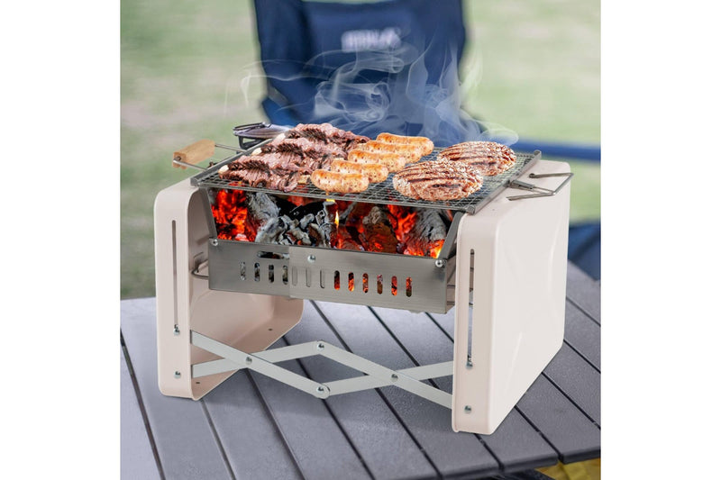 Costway Portable Charcoal Grill Folding BBQ Grill Outdoor Camping Grill w/Foldable Body & Charcoal Box Beige