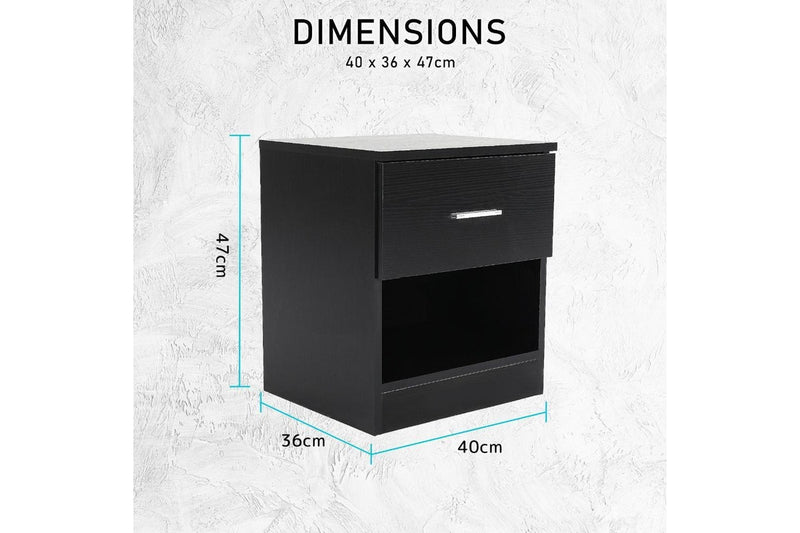 2X Bedside Table Side Storage Cabinet Nightstand Bedroom 1 Drawer Shelf Ella Black Bedside Tables