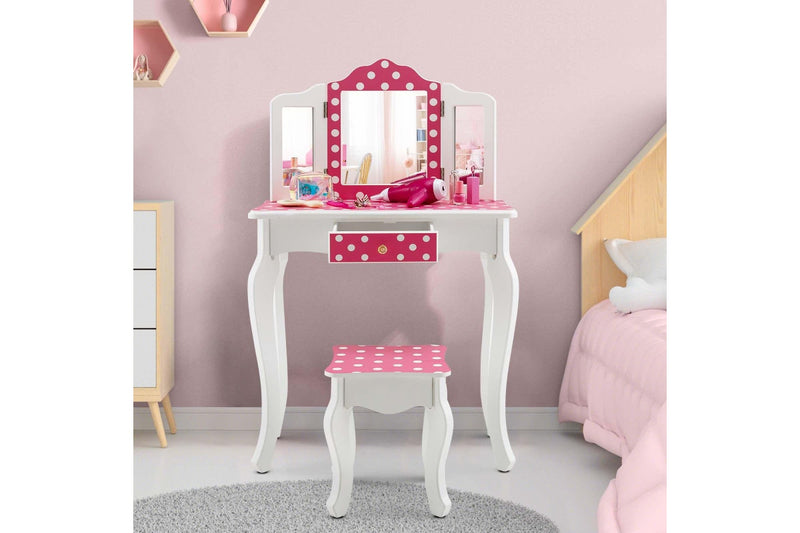 Costway Vanity Table & Chair Set Dressing Table Pretend Play Makeup Table Furniture Pink