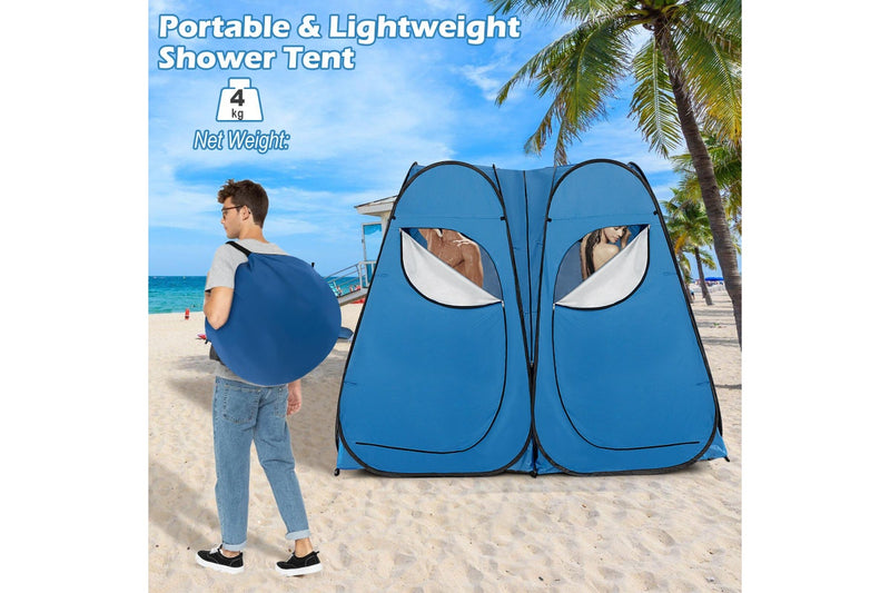 Costway 2-Room Pop Up Shower Tent Outdoor Camping Portable Change Room Privacy Shelter w/Carrying Bag Blue