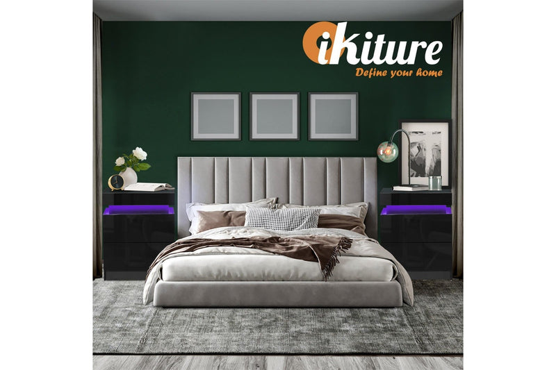 Oikiture Bedside Table RGB LED 2 Drawers Black
