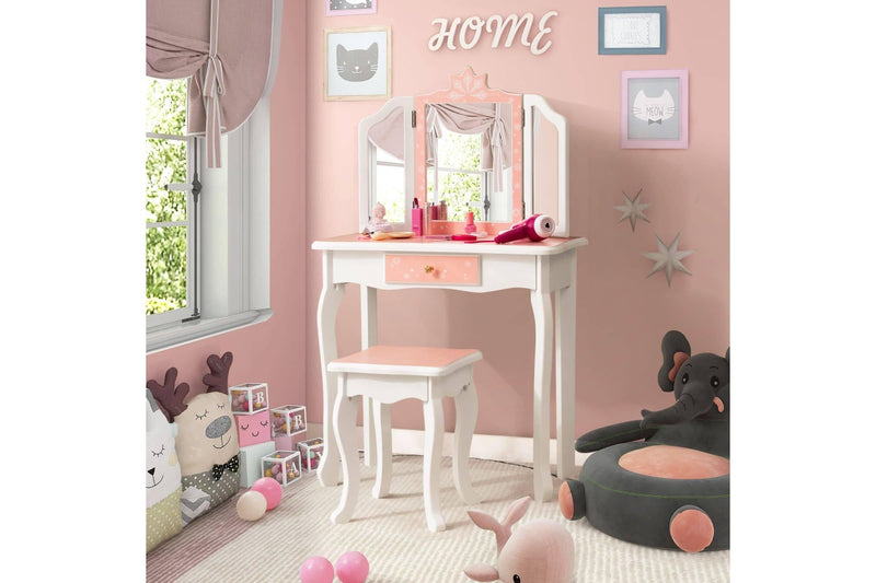 Costway Tri-Folding Mirror Vanity Table Writing Desk Durable Bedroom Furniture Pink