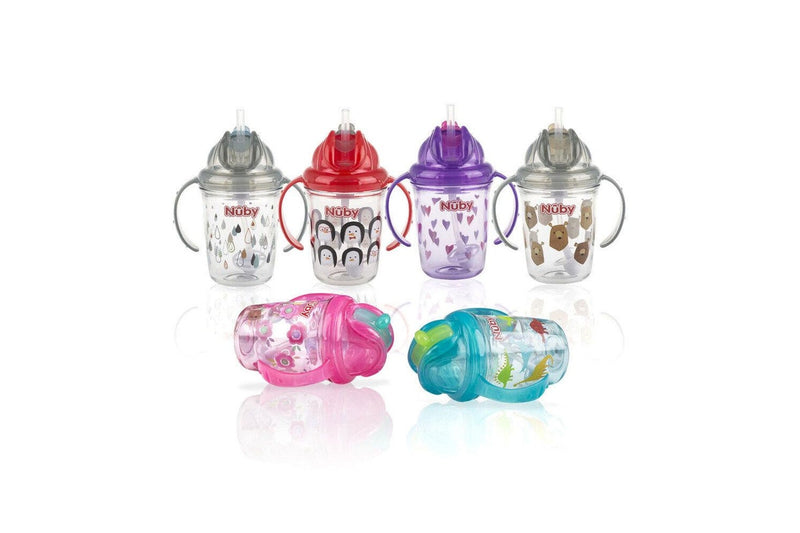 2x Nuby Tritan Weighted Sipping Straw Flip It Drinking Cup 240ml 12m+ Assorted