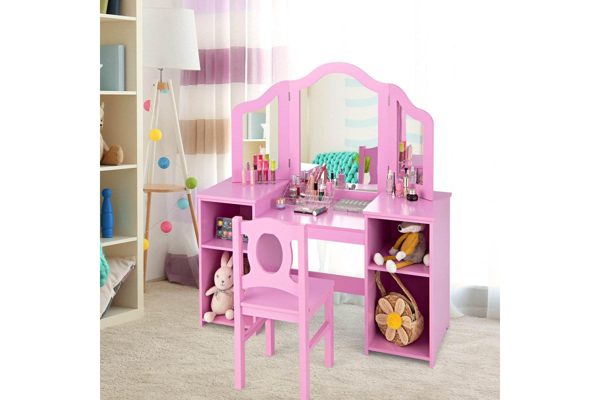 Giantex 2-in-1 Kids Vanity Table and Chair Set Makeup Dressing Table w/Mirror Children Study Writing Desk Pink