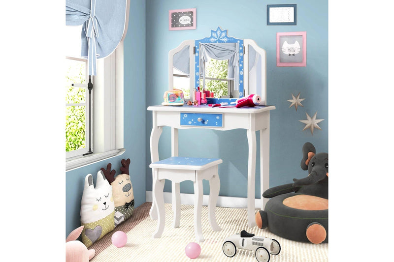 Costway Dressing Table Vanity Table & Stool Set Princess ren Gift Furniture Blue