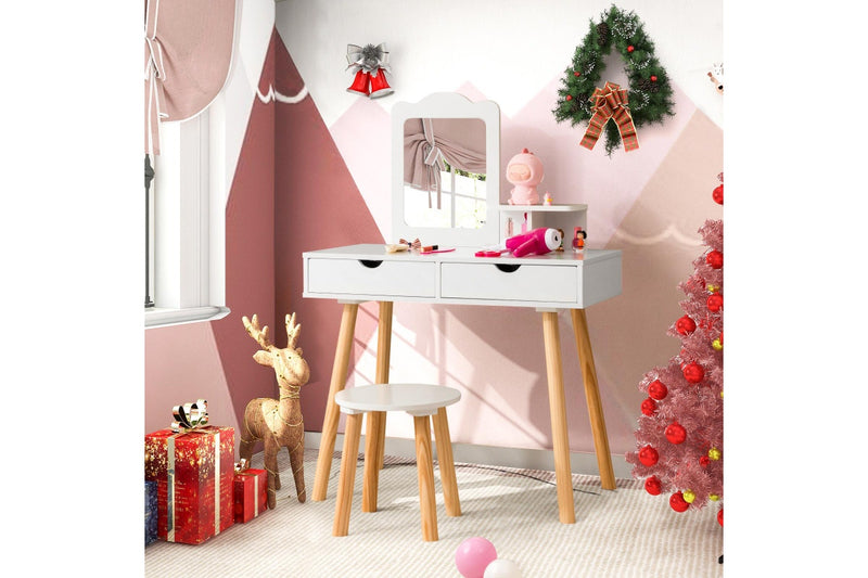 Giantex 2-in-1 Kids Vanity Table & Stool Set Makeup Dressing Table Princess Pretend Playset w/Removable Mirror & Drawer White