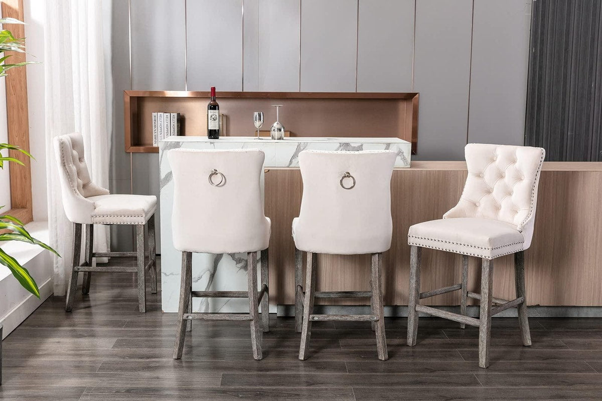 4X Velvet Bar Stools With Studs Trim Wooden Legs Tufted Kitchen Dining Chairs