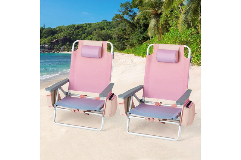 Costway 2-Pack Folding Backpack Beach Chair Portable Camping Stool w/Cup Holder Storage Pocket 5-Position Outdoor Reclining Chair