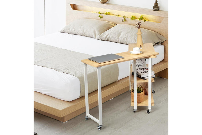 Giantex Mobile L-Shaped Side Table 360° Rotating Corner Desk w/2-Tier Storage Shelf Wood End Table Home Office Walnut