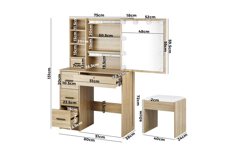 Oikiture Dressing Table Slide Mirror Stool Set(Natural)