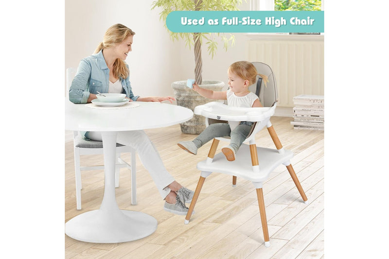 Costway 5 In 1 High Chair Convertible Eating Feeding Chair Booster Seat Wood Table Chair w/Adjustable Tray & PU Cushion, Grey