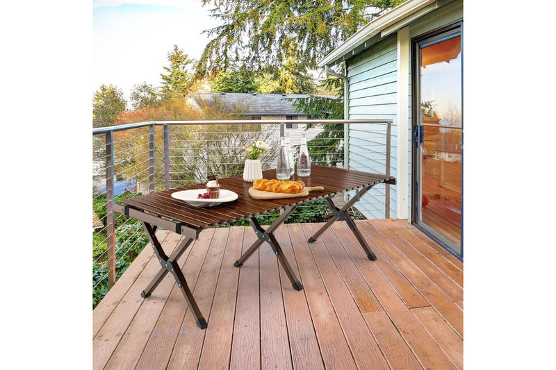 Costway Portable Egg Roll Camping Table Folding Bamboo Picnic Table Camping table Outdoor w/Carry Bag Brown