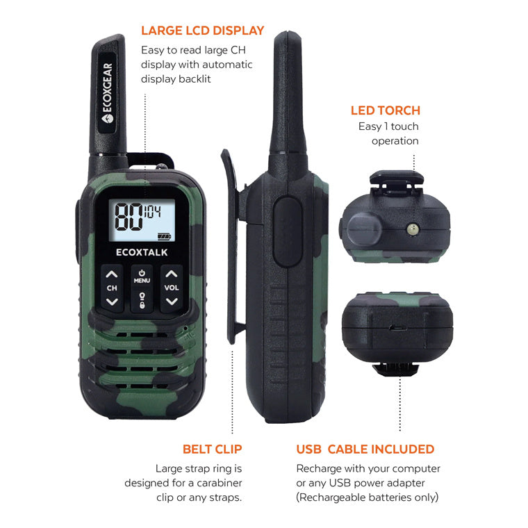 ECOXGEAR ECOXTALK EXG50 (Twin Pack) UHF 0.5Watt CB Handheld 2-Way Radio walkie talkie (Camouflage Colour) 3km+ Range, 20 hours Operating Time ,80 channels AU/NZ
