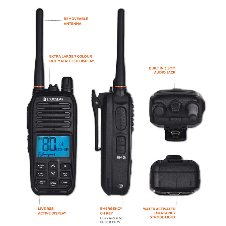 ECOXGEAR ECOXTALK EXG500-2PK UHF 5Watt CB Handheld Radio walkie talkie 17km Long Range, 30 hours Operating Time ,IP67 Waterproof & Dustproof design