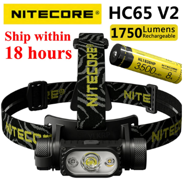 Nitecore HC65 V2 1750 lumens three-light source metal outdoor headlight equipped with NL1835HP battery, using USB-C charging