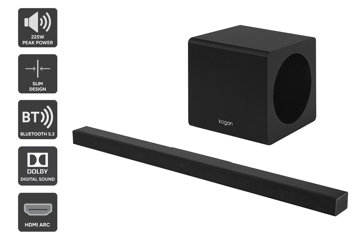 Kogan 2.1 Channel 225W Dolby Slim Soundbar with Wireless Subwoofer