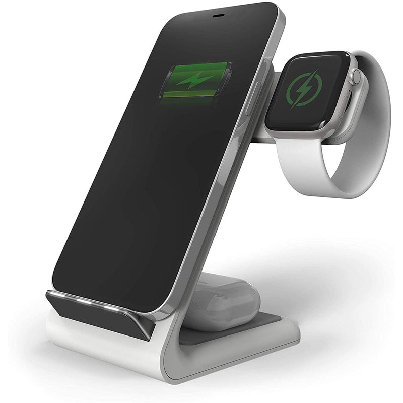 STM ChargeTree Swing - white, 3-in-1 Wireless Charging Station for iPhone/Samsung/Android (15W/7.5W), AirPods (5W), Apple Watch (3W) - Qi Certified Charging