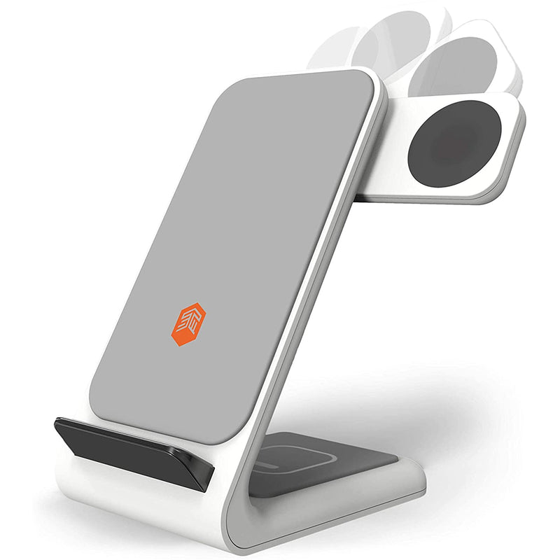 STM ChargeTree Swing - white, 3-in-1 Wireless Charging Station for iPhone/Samsung/Android (15W/7.5W), AirPods (5W), Apple Watch (3W) - Qi Certified Charging